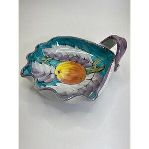 Hand-Painted Italian Ceramic Leaf-Shaped Bowl With Handle